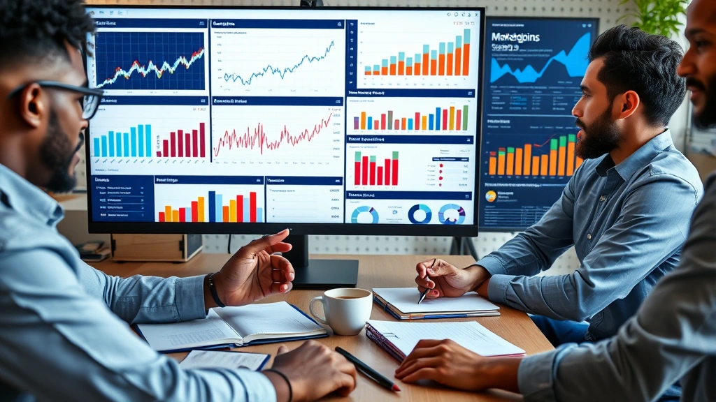 Close-up of diverse marketing professionals analyzing performance metrics on large monitor showing graphs, conversion funnels, and campaign data with notebooks and coffee nearby