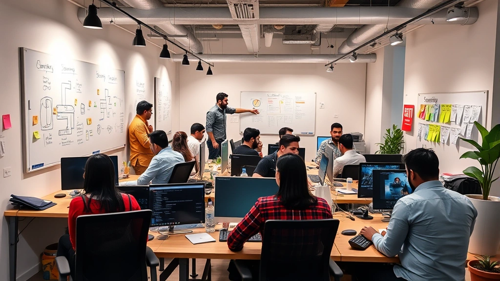 Busy digital agency workspace in Delhi with multiple team members at desks, whiteboards with strategy sketches, sticky notes, and modern office environment with creative atmosphere