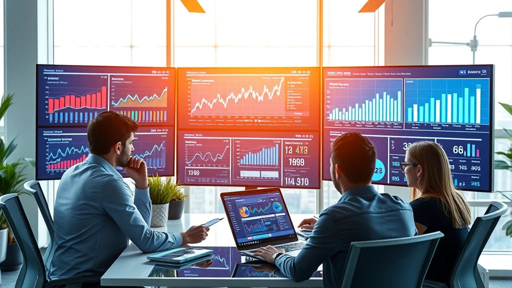 Professional business team analyzing market data on multiple digital displays, showing emerging market growth charts and e-commerce metrics on screens, modern office environment with collaborative workspace