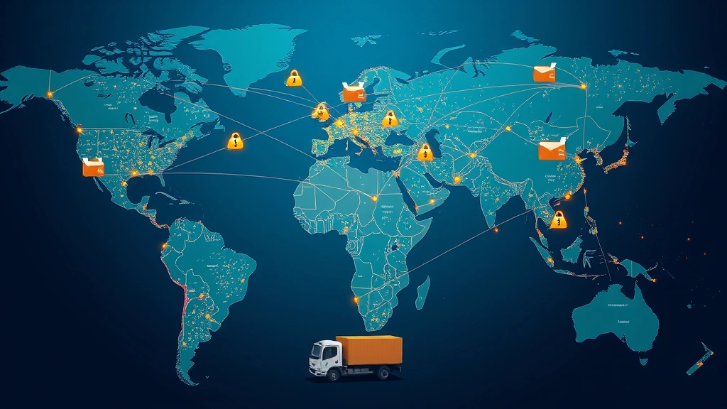 Logistics and delivery network visualization showing interconnected cities and distribution routes across emerging markets, with packages and delivery vehicles representing supply chain infrastructure