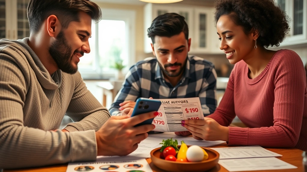 Close-up of diverse family reviewing digital coupons and weekly ad deals on smartphone during meal planning session at kitchen table, warm home lighting, papers and grocery lists visible, collaborative shopping planning
