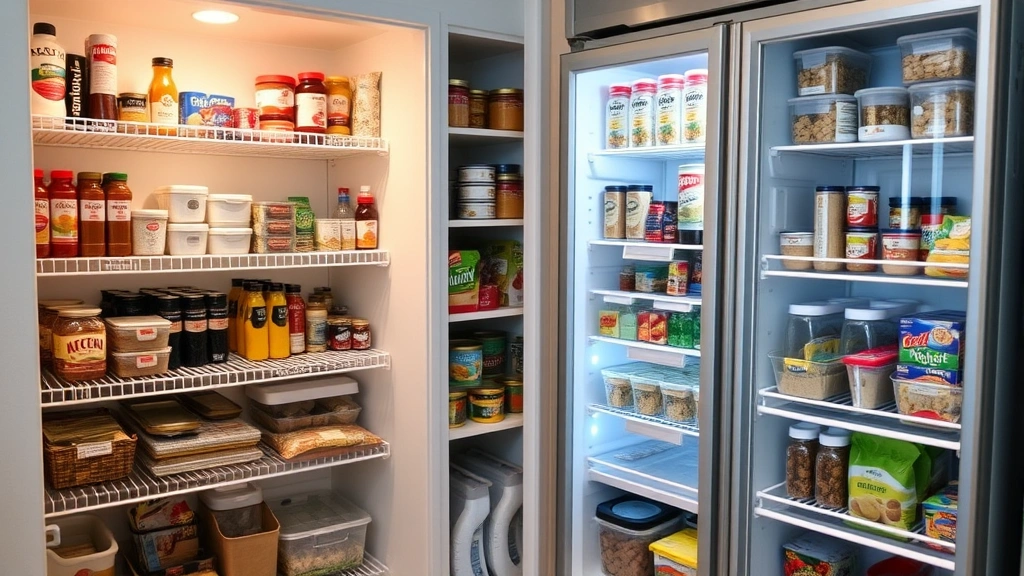 Organized pantry and refrigerator showing strategically purchased items from weekly promotions, well-stocked shelves with labeled containers and organized groceries, demonstrating smart shopping and bulk purchasing benefits