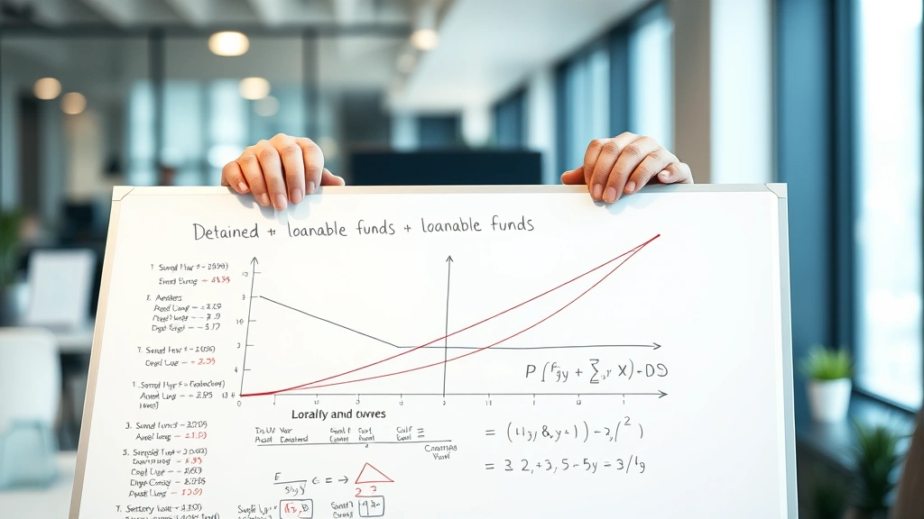 Professional economist or analyst examining detailed loanable funds supply and demand curves graph on whiteboard with multiple colored markers and equations, modern financial services office background