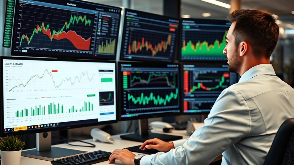 Professional analyst reviewing financial charts and loanable funds market data on multiple computer screens in modern office environment with financial data visualizations