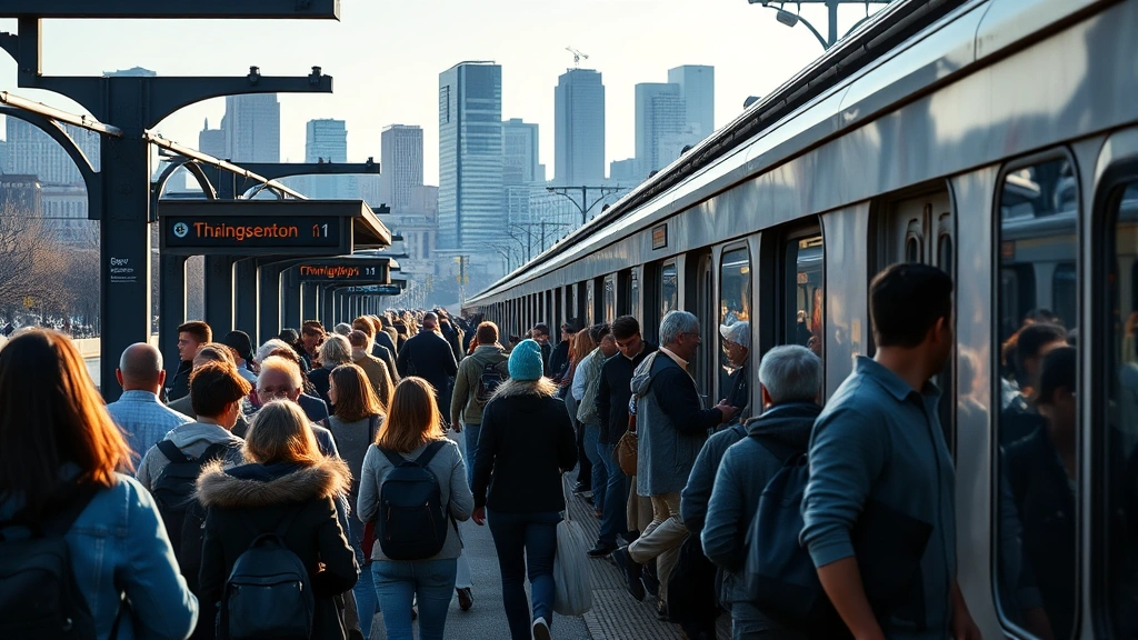 Busy elevated transit train platform during morning rush hour with diverse passengers waiting, Philadelphia downtown skyline visible in background, natural morning light, photorealistic urban transportation scene