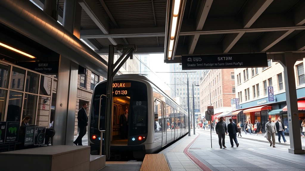 Modern efficient commuter exiting elevated train station onto street level, diverse neighborhood commercial district visible, retail storefronts and pedestrians, daytime urban scene, realistic city environment
