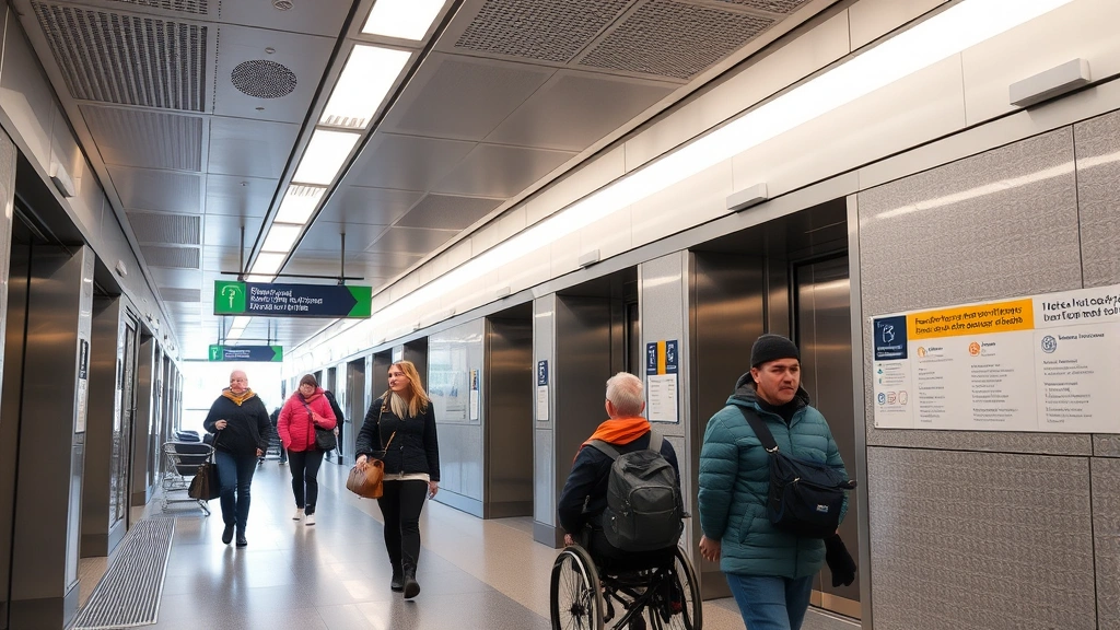 Transit station interior with accessibility features including elevators and tactile guidance systems, modern lighting and wayfinding signage, passengers of various abilities navigating space, inclusive public transportation infrastructure