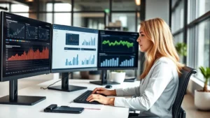 Professional woman working at modern desk with multiple screens, analyzing marketing data and social media metrics, contemporary office environment with natural lighting