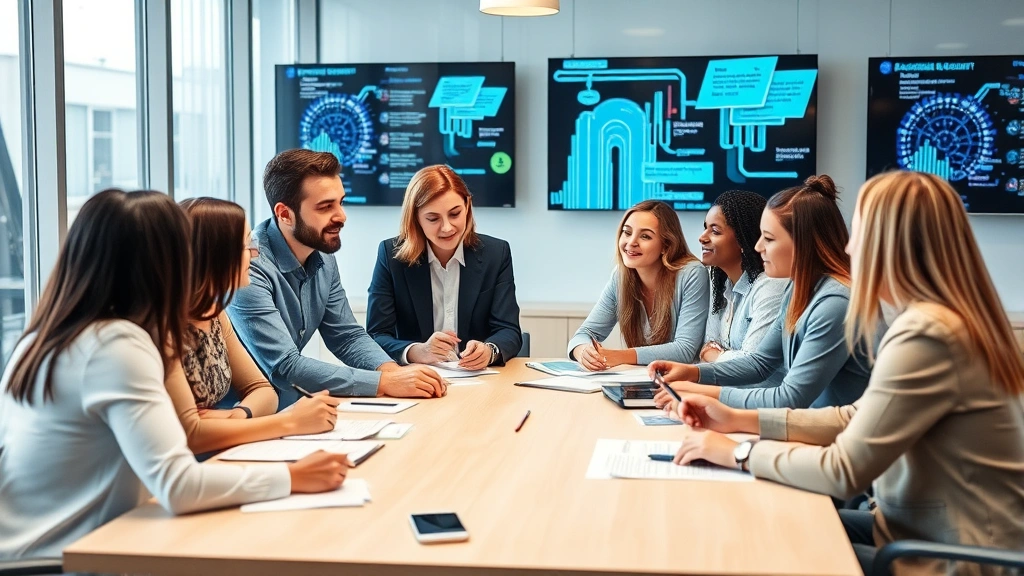 Group of diverse professionals engaged in collaborative discussion around conference table, sharing ideas and insights, modern corporate setting with digital displays