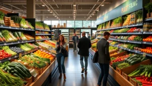 Upscale grocery store interior with organic produce displays, natural lighting, and professional shoppers selecting fresh vegetables and specialty foods in a modern retail environment