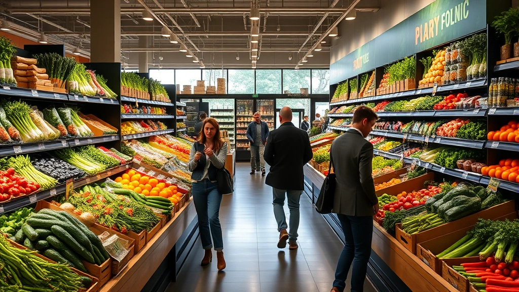 Upscale grocery store interior with organic produce displays, natural lighting, and professional shoppers selecting fresh vegetables and specialty foods in a modern retail environment
