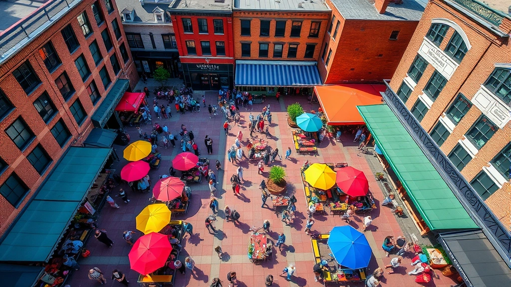 Aerial overhead view of Market Square Knoxville showing diverse crowd of shoppers and diners, colorful umbrellas, outdoor seating areas, historic brick buildings surrounding plaza, bright daylight, vibrant urban atmosphere
