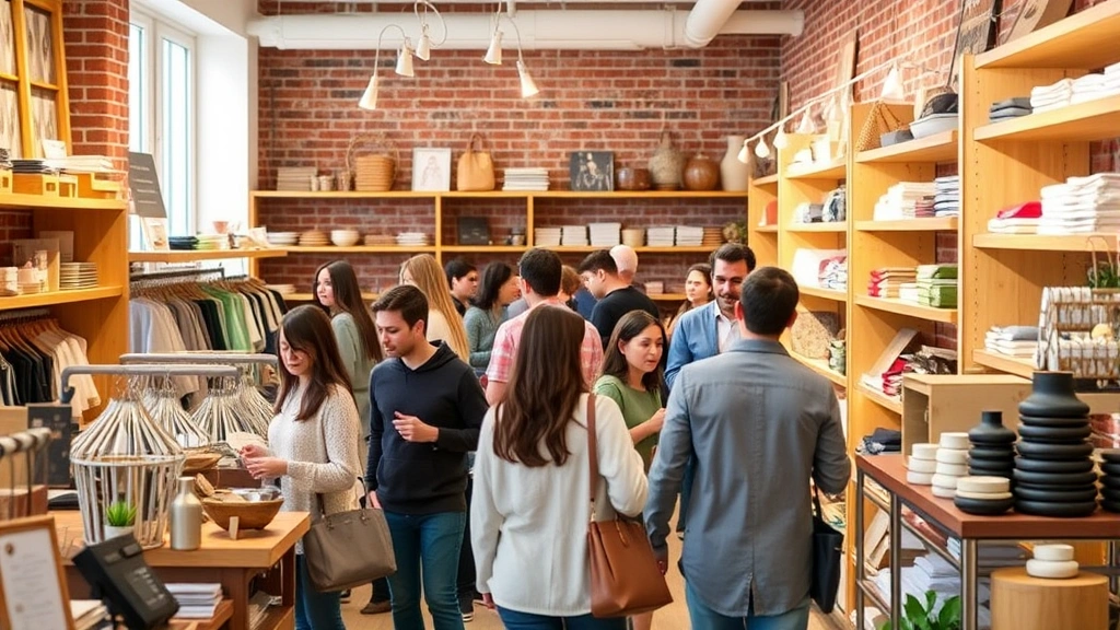 Diverse shoppers browsing merchandise in a specialty boutique with exposed brick walls, wooden shelving, and curated product displays, warm interior lighting
