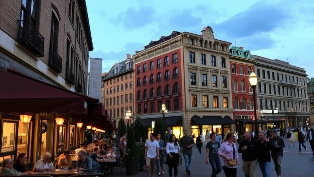 Evening scene of Market Square with restaurant outdoor seating, ambient lighting, pedestrians walking, historic downtown architecture, storefront windows illuminated, community gathering atmosphere, urban vitality