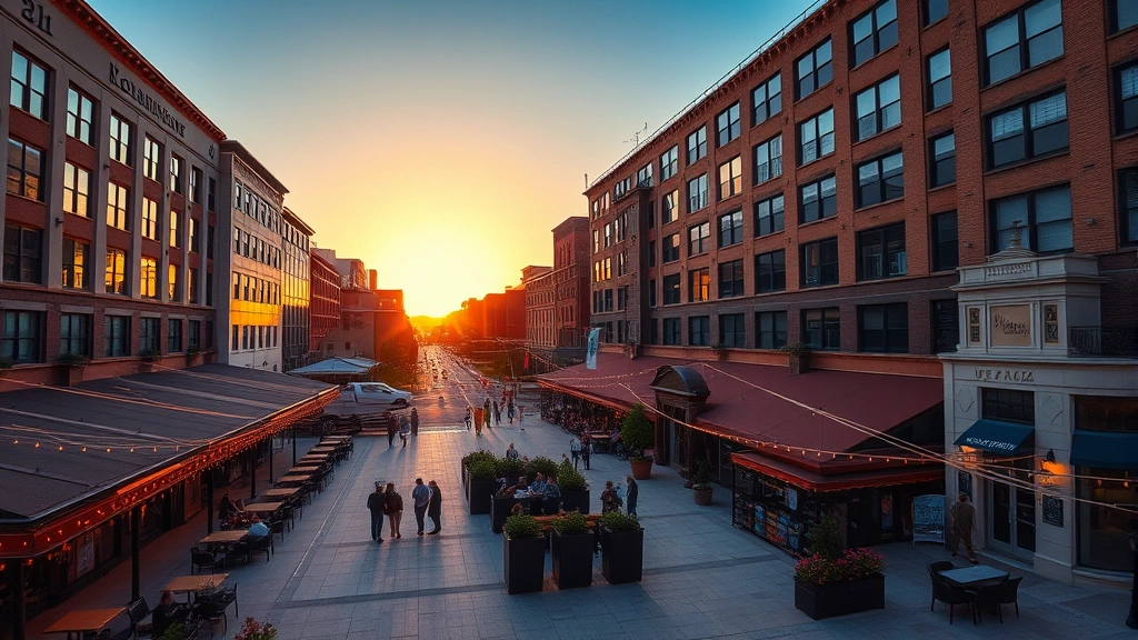 Aerial sunset photograph of downtown urban plaza with restaurants, pedestrians at outdoor seating, string lights, and surrounding mixed-use buildings