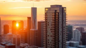 Modern luxury high-rise residential tower in downtown Houston skyline at golden hour, glass facade reflecting sunset, urban cityscape background, professional architectural photography