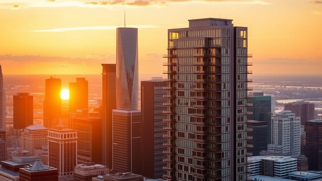Modern luxury high-rise residential tower in downtown Houston skyline at golden hour, glass facade reflecting sunset, urban cityscape background, professional architectural photography