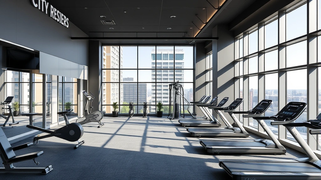 Upscale residential amenity space featuring contemporary fitness center with floor-to-ceiling windows, premium equipment, modern lighting, sleek finishes, professional gym environment