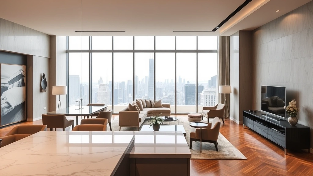 Luxury apartment interior showing open-concept living space with floor-to-ceiling city views, contemporary furniture, marble countertops, hardwood flooring, sophisticated design aesthetic
