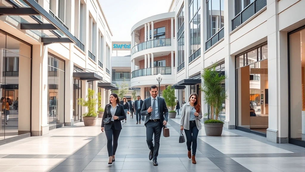 Upscale shopping center with modern architecture, professional shoppers in casual business attire walking between stores, bright daylight, clean storefronts with large windows, manicured landscaping, contemporary design elements