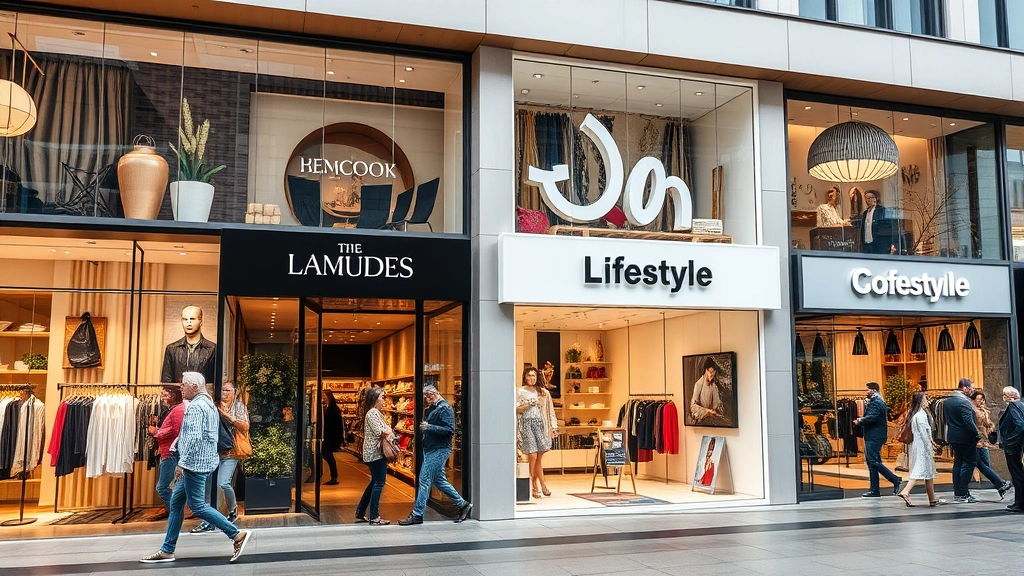 Diverse retail storefront displays featuring fashion, home décor, and lifestyle brands with professional window presentations, shoppers browsing, modern exterior design, busy but organized retail environment