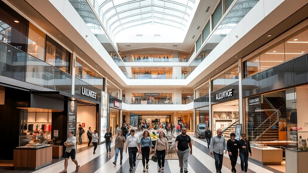 Shopping center interior with mix of retail stores, dining establishments, and walking customers, professional atmosphere, contemporary design, natural lighting, diverse consumer demographics enjoying shopping experience