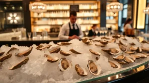 Elegant oyster bar counter with ice-filled display, multiple fresh oyster varieties arranged by origin, dim warm lighting, professional bartender backdrop, no signage or text visible, upscale restaurant interior