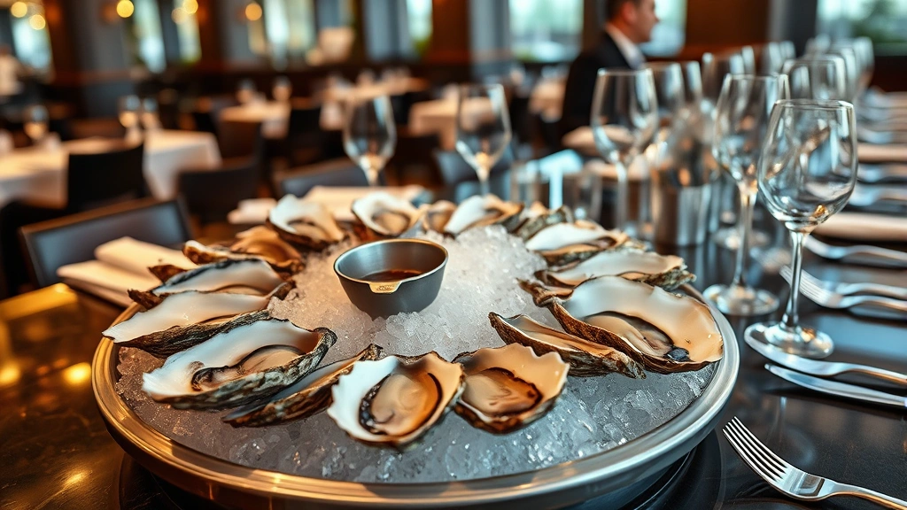 Fine dining oyster bar setup with fresh oysters on ice, wine glasses, and elegant place settings in upscale restaurant environment, no price tags or text