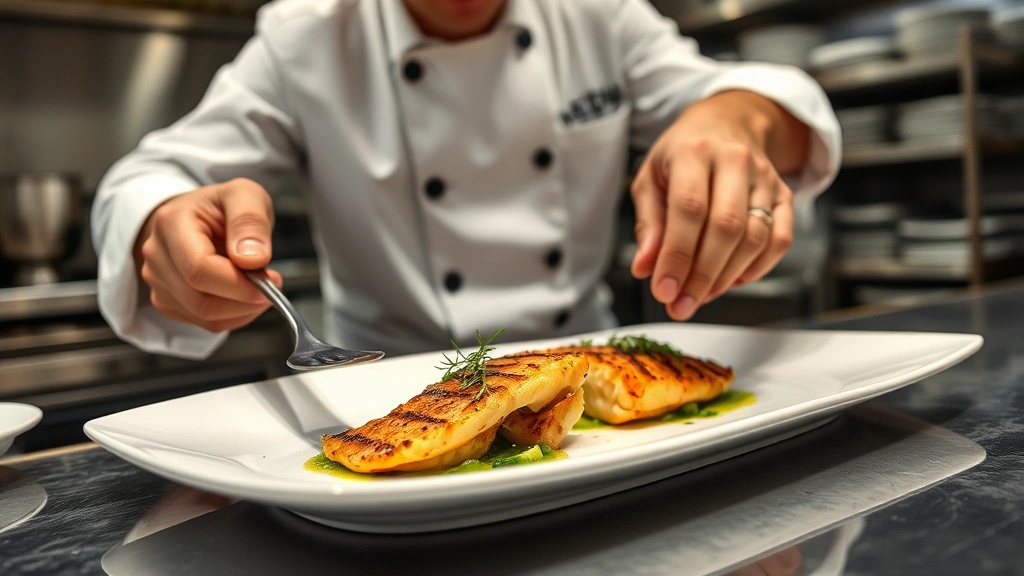 Professional chef plating grilled seafood dish with precision and garnish, demonstrating culinary expertise in fine dining kitchen environment, stainless steel counters, no recipe cards or text visible