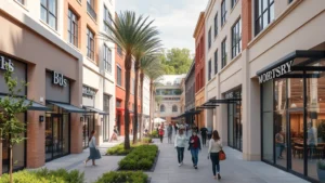 Upscale outdoor shopping center with multiple storefronts, landscaped areas, shoppers walking between stores, modern architecture, natural daylight, clean pedestrian pathways, contemporary retail environment