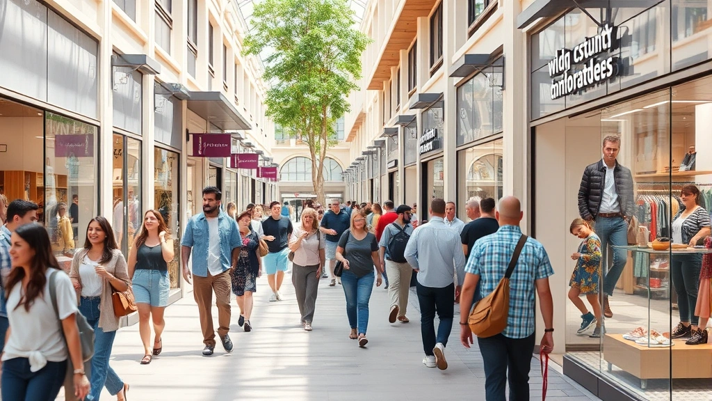 Customers browsing retail stores in outdoor shopping environment with modern architecture and natural lighting, diverse shoppers exploring merchandise, well-maintained storefronts, welcoming retail atmosphere
