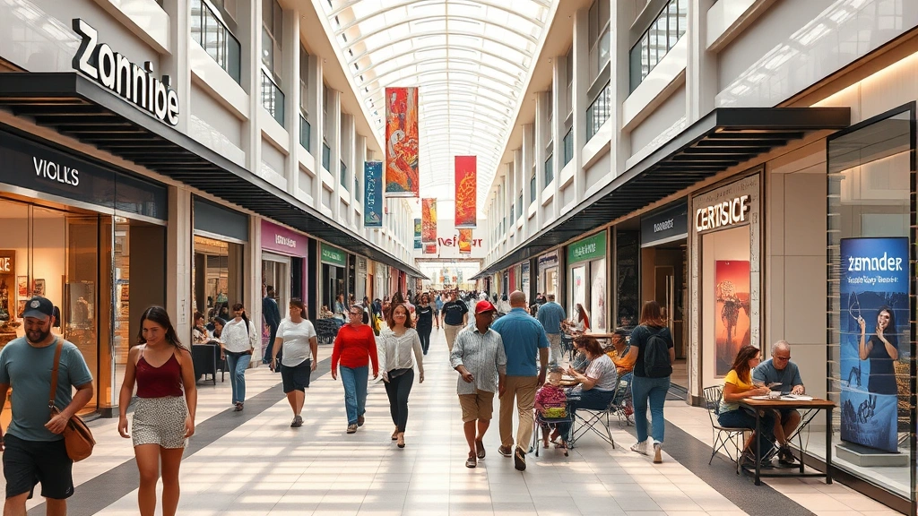 Modern retail environment with diverse shoppers, bright lighting, clean pathways, and welcoming storefronts, families dining outdoors, entertainment venues visible, premium shopping destination atmosphere