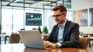 Professional marketer reviewing analytics dashboard on laptop with colorful performance charts and metrics visible on screen in modern office environment