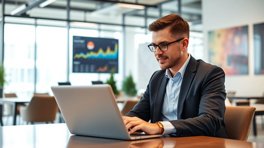 Professional marketer reviewing analytics dashboard on laptop with colorful performance charts and metrics visible on screen in modern office environment
