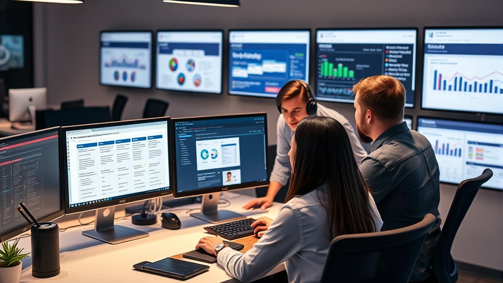 Team of marketing professionals collaborating around desk with multiple monitors displaying campaign automation workflows, email templates, and customer segmentation data