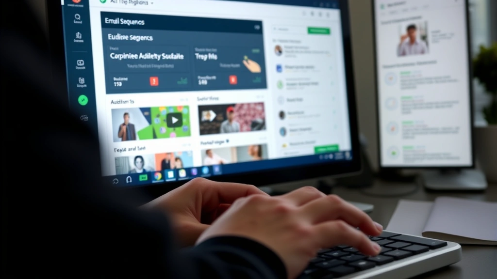 Close-up of hands typing on keyboard with marketing automation software interface displayed on monitor showing email sequences, audience segments, and AI recommendations