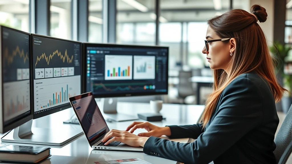 Professional woman working at laptop in modern office, analyzing marketing data on multiple screens, charts and analytics visible, focused expression, natural daylight