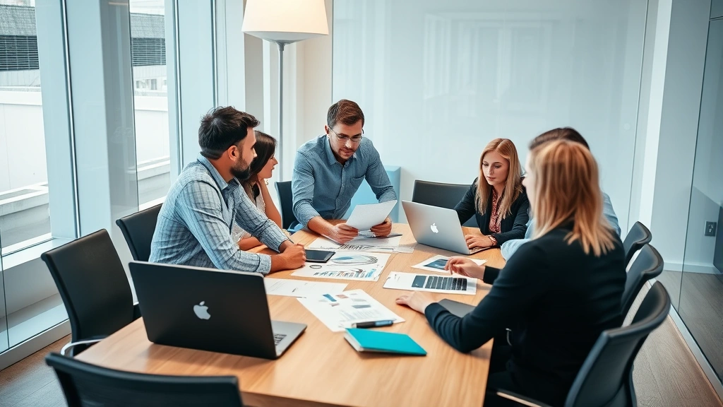 Diverse team collaborating around conference table reviewing marketing strategy documents, laptops and tablets visible, engaged discussion, bright modern workspace