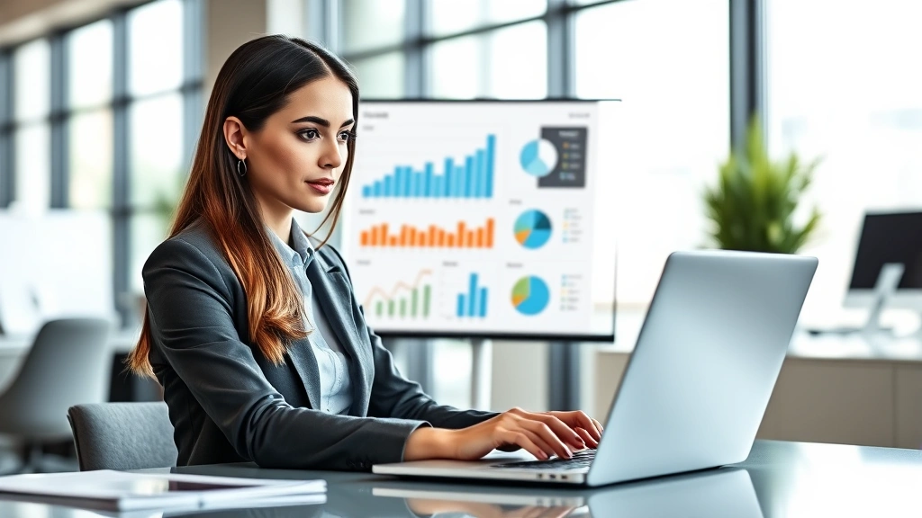 Professional woman at laptop reviewing marketing analytics dashboard with charts and graphs, modern office environment, focused expression, business casual attire, natural lighting