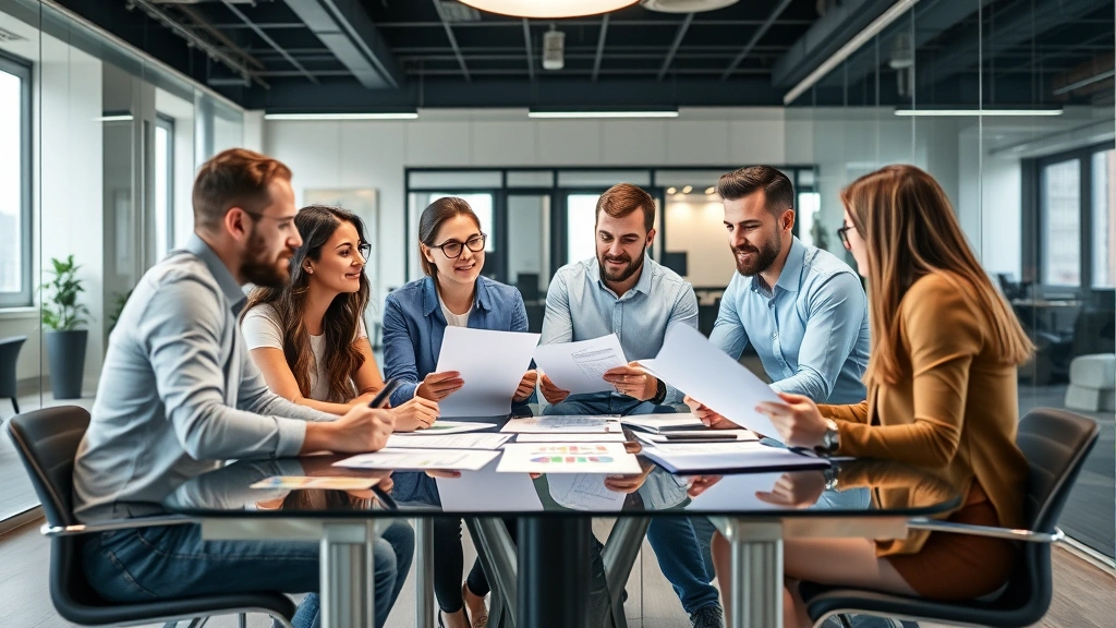 Diverse group of four marketing professionals in collaborative meeting around glass table reviewing strategy documents and digital devices, contemporary office space, engaged discussion