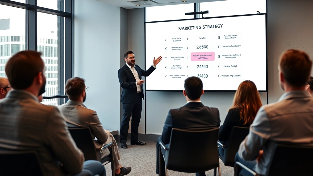 Male professional presenting marketing strategy on large screen to seated audience in modern conference room, professional presentation setting, confident body language, contemporary business environment