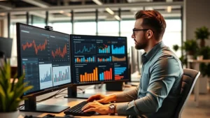 Professional marketing manager reviewing analytics dashboard on computer with charts and KPI metrics visible, modern office environment with multiple monitors displaying data visualization