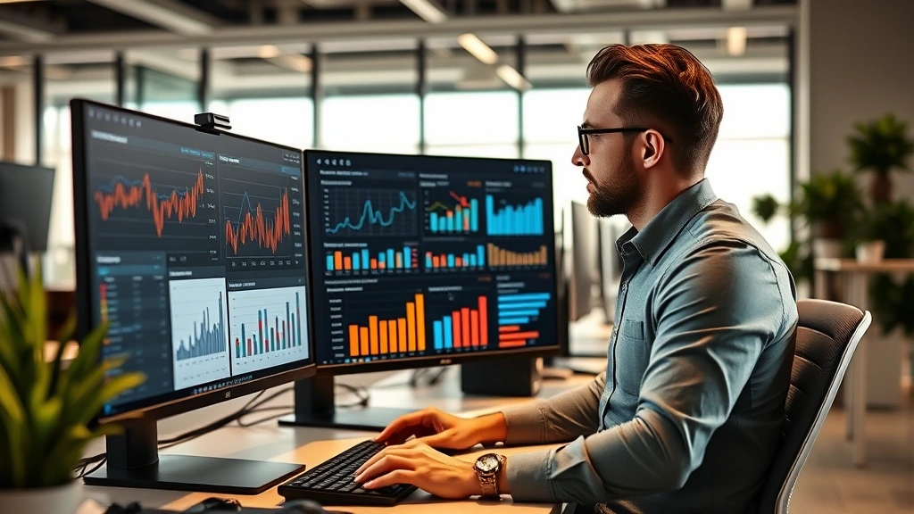 Professional marketing manager reviewing analytics dashboard on computer with charts and KPI metrics visible, modern office environment with multiple monitors displaying data visualization