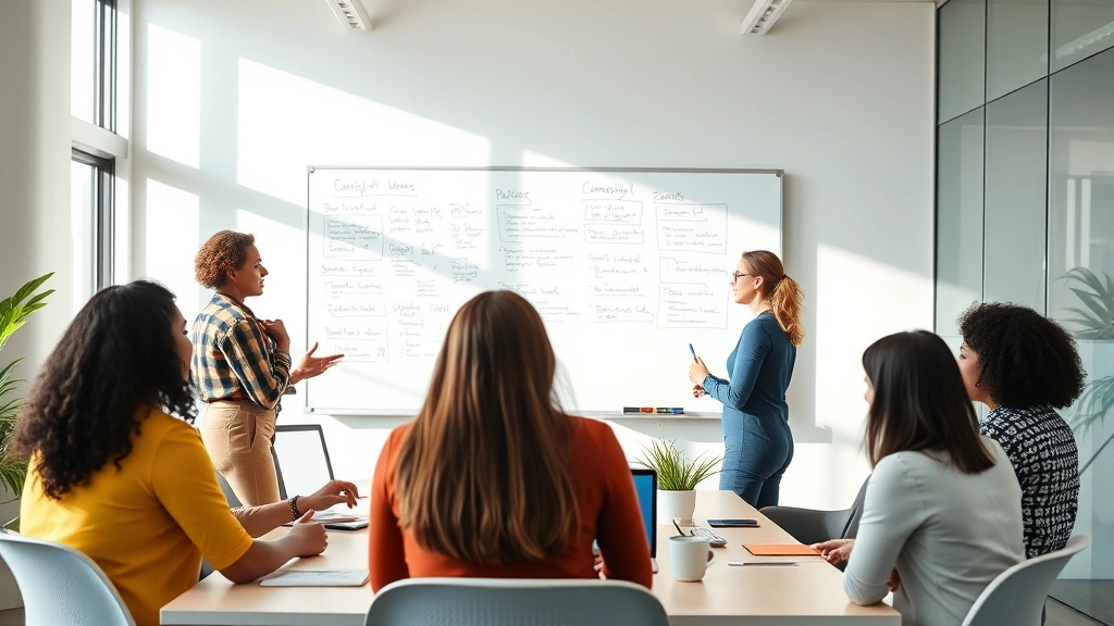 Diverse marketing team collaborating in bright conference room during strategy meeting, whiteboard with campaign ideas, team members discussing campaigns and strategy