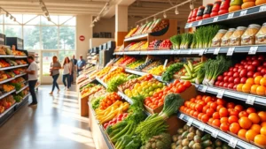 Bright, organized produce section with colorful fresh vegetables and fruits displayed on tiered shelving, warm natural lighting streaming through store windows, customers browsing in background