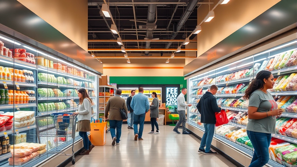 Welcoming grocery store interior showing clean aisles with well-stocked shelves, warm ambient lighting, diverse customers shopping, professional staff assisting in background