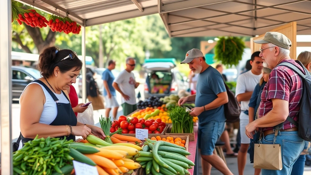 Community farmers market scene with local vendor displaying fresh produce at outdoor stand, bright daylight, customers examining products, genuine small-business atmosphere