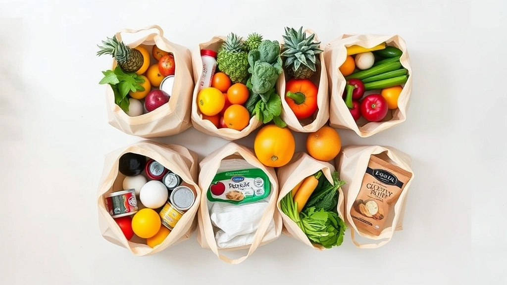 Professional overhead shot of organized grocery shopping bags with fresh produce, specialty items, and pantry goods arranged neatly, natural lighting from above, neutral background