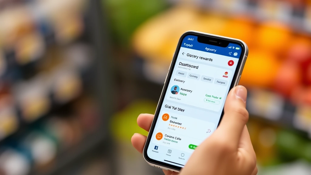 Close-up of hands holding a mobile phone displaying grocery app with loyalty rewards dashboard, shopping list, and promotional offers visible on screen, professional photography