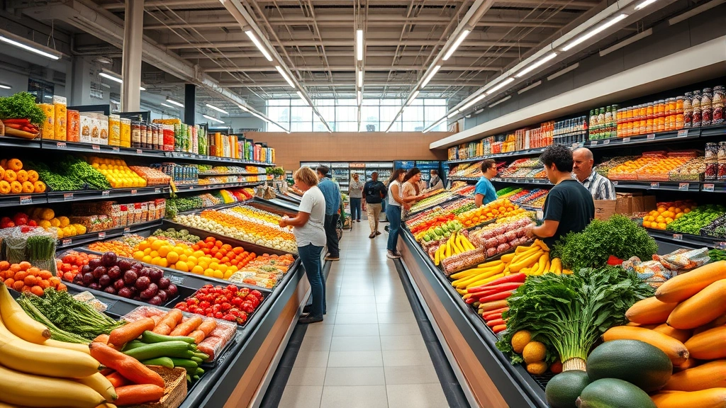 Wide angle of busy grocery store produce section with customers selecting fresh fruits and vegetables, bright natural lighting, diverse shoppers, clean modern grocery environment